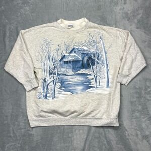 Basic Editions Plus Sweatshirt Womens 1X Light Gray Cabin & Creek Graphic Print